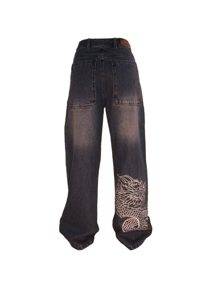 Skuxem Baggy Skater Jeans with Dragon Embroidery